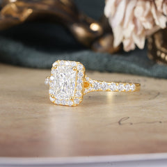 1 Carat Emerald Cut Moissanite Classic Halo Engagement Ring