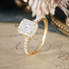 1 Carat Emerald Cut Moissanite Classic Halo Engagement Ring
