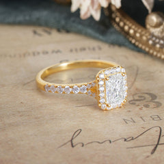 1 Carat Emerald Cut Moissanite Classic Halo Engagement Ring