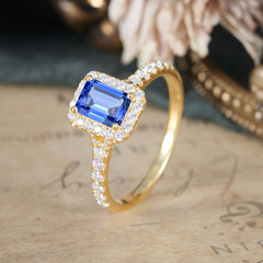 1 Carat Emerald Cut 4-Prong Sapphire Classic Halo Engagement Ring