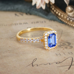 1 Carat Emerald Cut 4-Prong Sapphire Classic Halo Engagement Ring