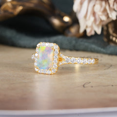 1 Carat Emerald Cut 4-Prong Opal Classic Halo Engagement Ring