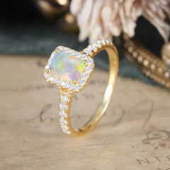 1 Carat Emerald Cut 4-Prong Opal Classic Halo Engagement Ring