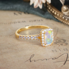 1 Carat Emerald Cut 4-Prong Opal Classic Halo Engagement Ring