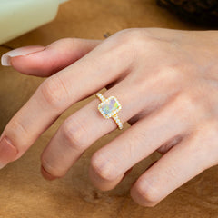 1 Carat Emerald Cut 4-Prong Opal Classic Halo Engagement Ring