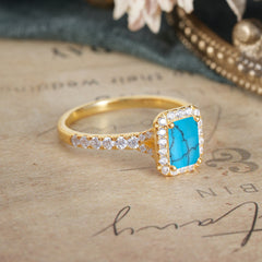1 Carat Emerald Cut 4-Prong Turquoise Classic Halo Engagement Ring