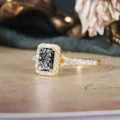 1 Carat Emerald Cut 4-Prong Black Rutilated Quartz Classic Halo Engagement Ring