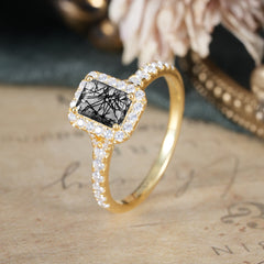 1 Carat Emerald Cut 4-Prong Black Rutilated Quartz Classic Halo Engagement Ring