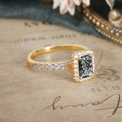 1 Carat Emerald Cut 4-Prong Black Rutilated Quartz Classic Halo Engagement Ring