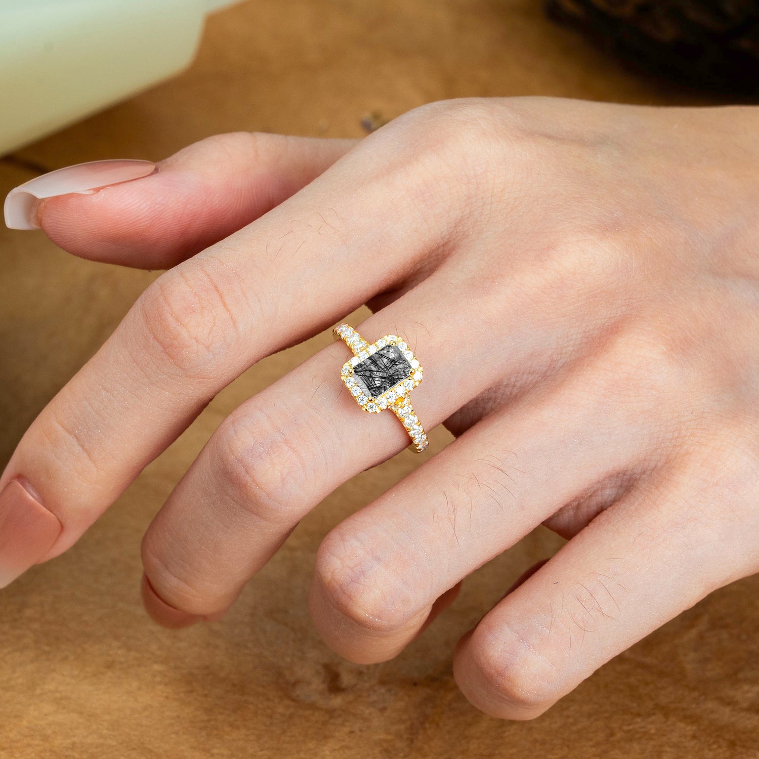 1 Carat Emerald Cut 4-Prong Black Rutilated Quartz Classic Halo Engagement Ring