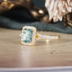 1 Carat Moss Agate Cut Classic Halo Emerald Engagement Ring