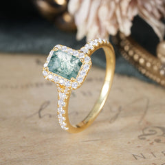 1 Carat Moss Agate Cut Classic Halo Emerald Engagement Ring