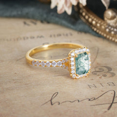 1 Carat Moss Agate Cut Classic Halo Emerald Engagement Ring