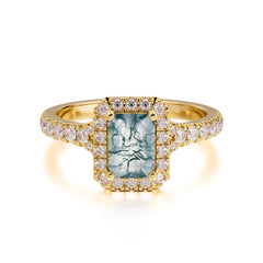 1 Carat Moss Agate Cut Classic Halo Emerald Engagement Ring