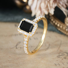 1 Carat Emerald Cut Classic Halo Black Onyx Engagement Ring