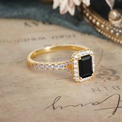 1 Carat Emerald Cut Classic Halo Black Onyx Engagement Ring