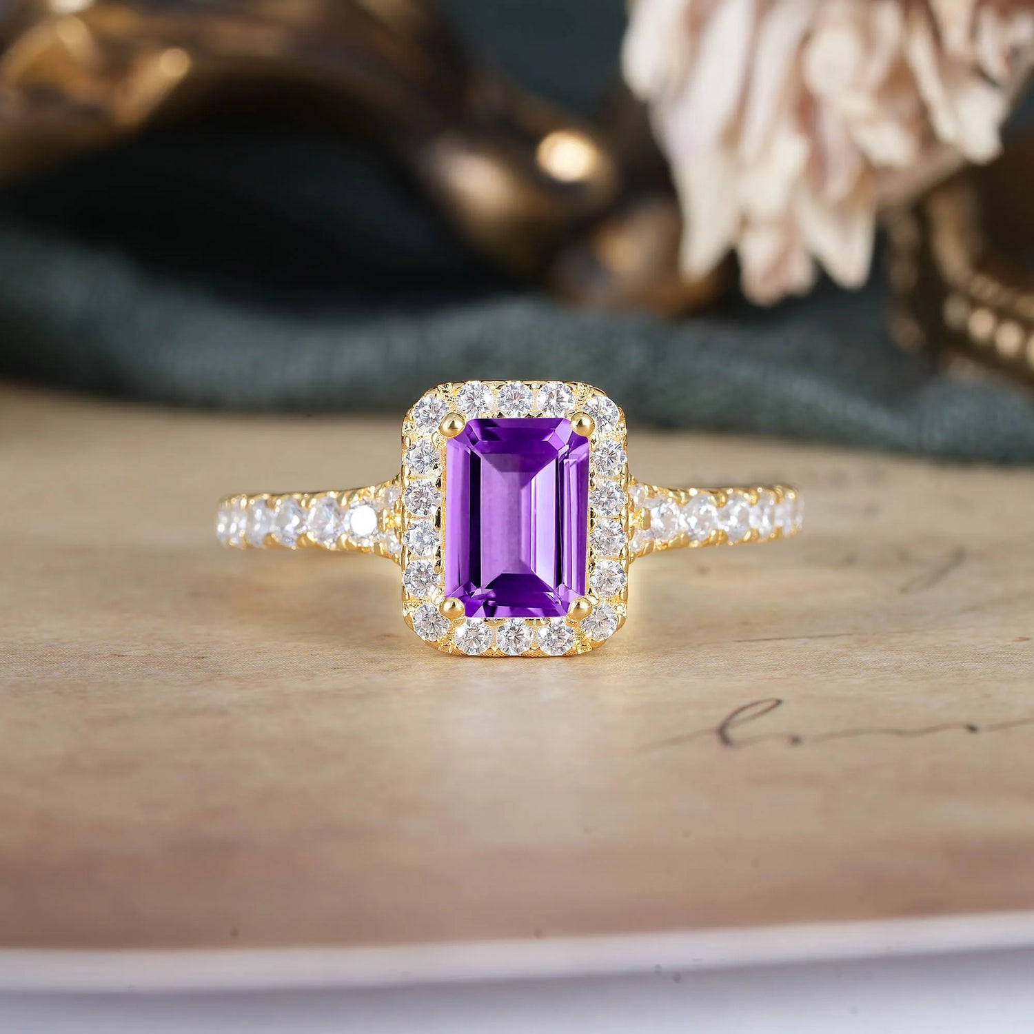 1 Carat Emerald Cut Amethyst Classic Halo Engagement Ring