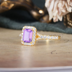 1 Carat Emerald Cut Amethyst Classic Halo Engagement Ring