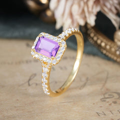 1 Carat Emerald Cut Amethyst Classic Halo Engagement Ring