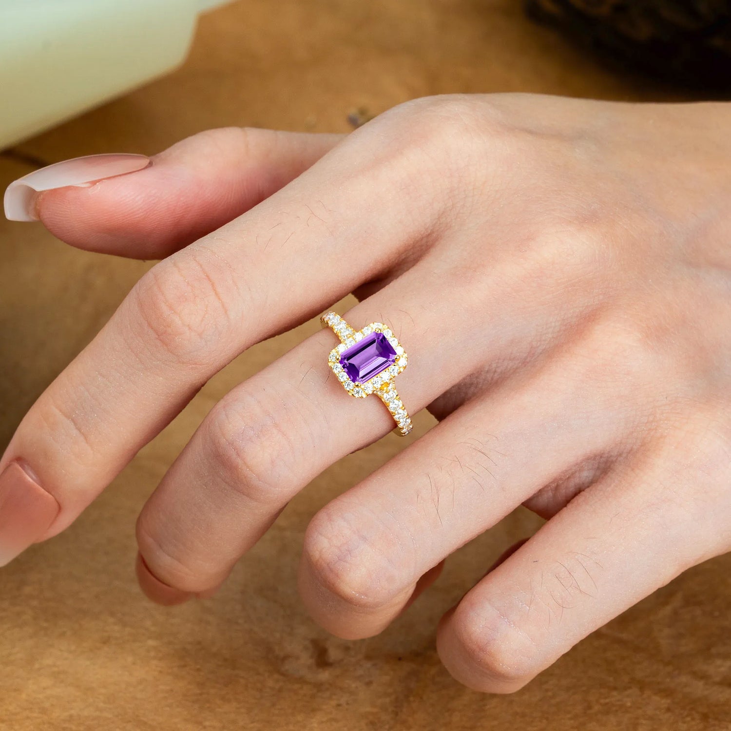 1 Carat Emerald Cut Amethyst Classic Halo Engagement Ring
