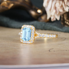 1 Carat Emerald Cut Aquamarine Classic Halo Engagement Ring