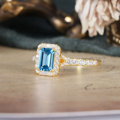 1 Carat Emerald Cut Aquamarine Classic Halo Engagement Ring
