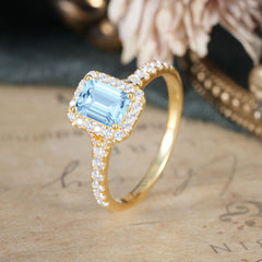 1 Carat Emerald Cut Aquamarine Classic Halo Engagement Ring