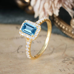 1 Carat Emerald Cut Aquamarine Classic Halo Engagement Ring