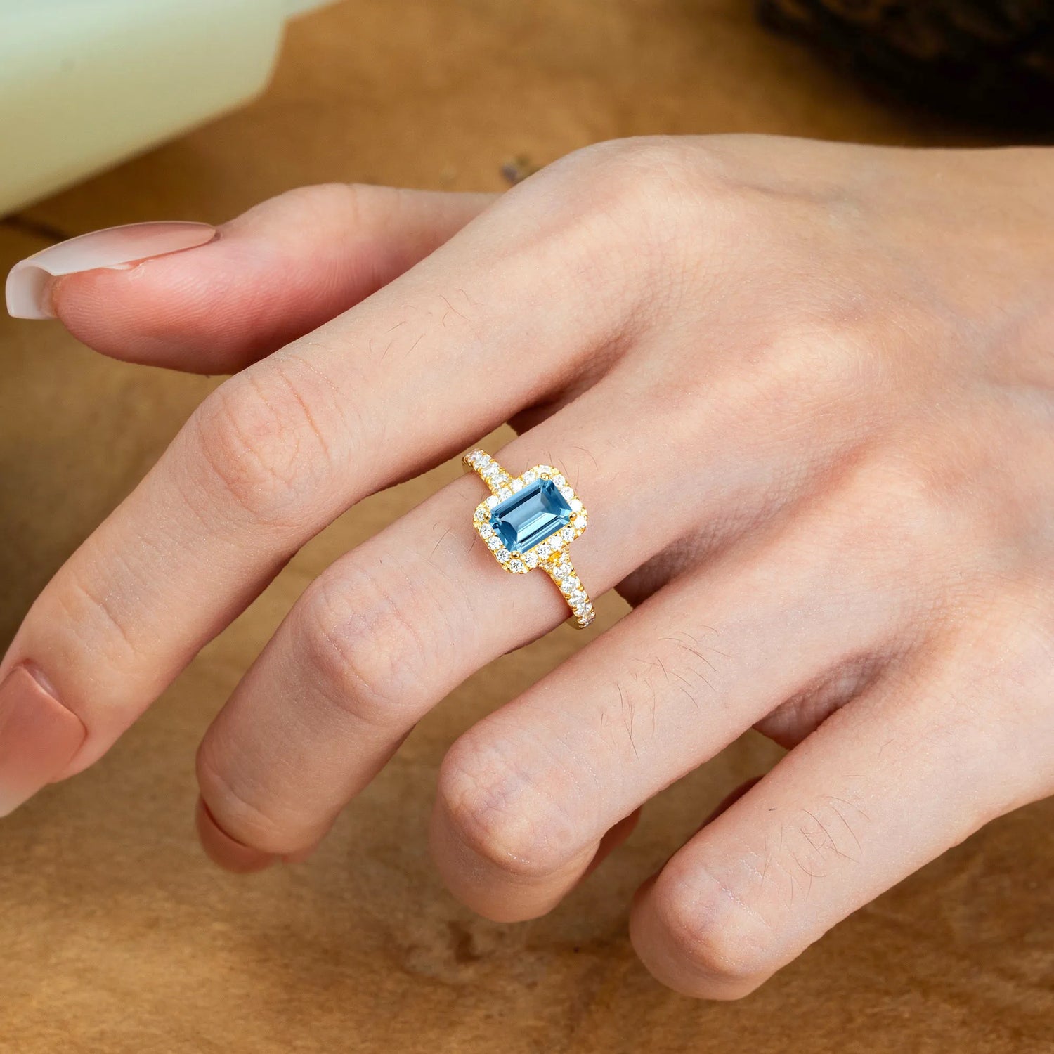 1 Carat Emerald Cut Aquamarine Classic Halo Engagement Ring