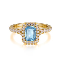 1 Carat Emerald Cut Aquamarine Classic Halo Engagement Ring