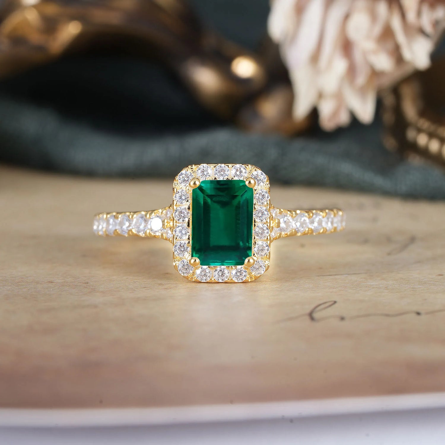 1 Carat Emerald Cut Classic Halo Emerald Engagement Ring