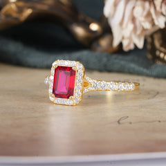 1 Carat Emerald Cut 4-Prong Ruby Classic Halo Engagement Ring