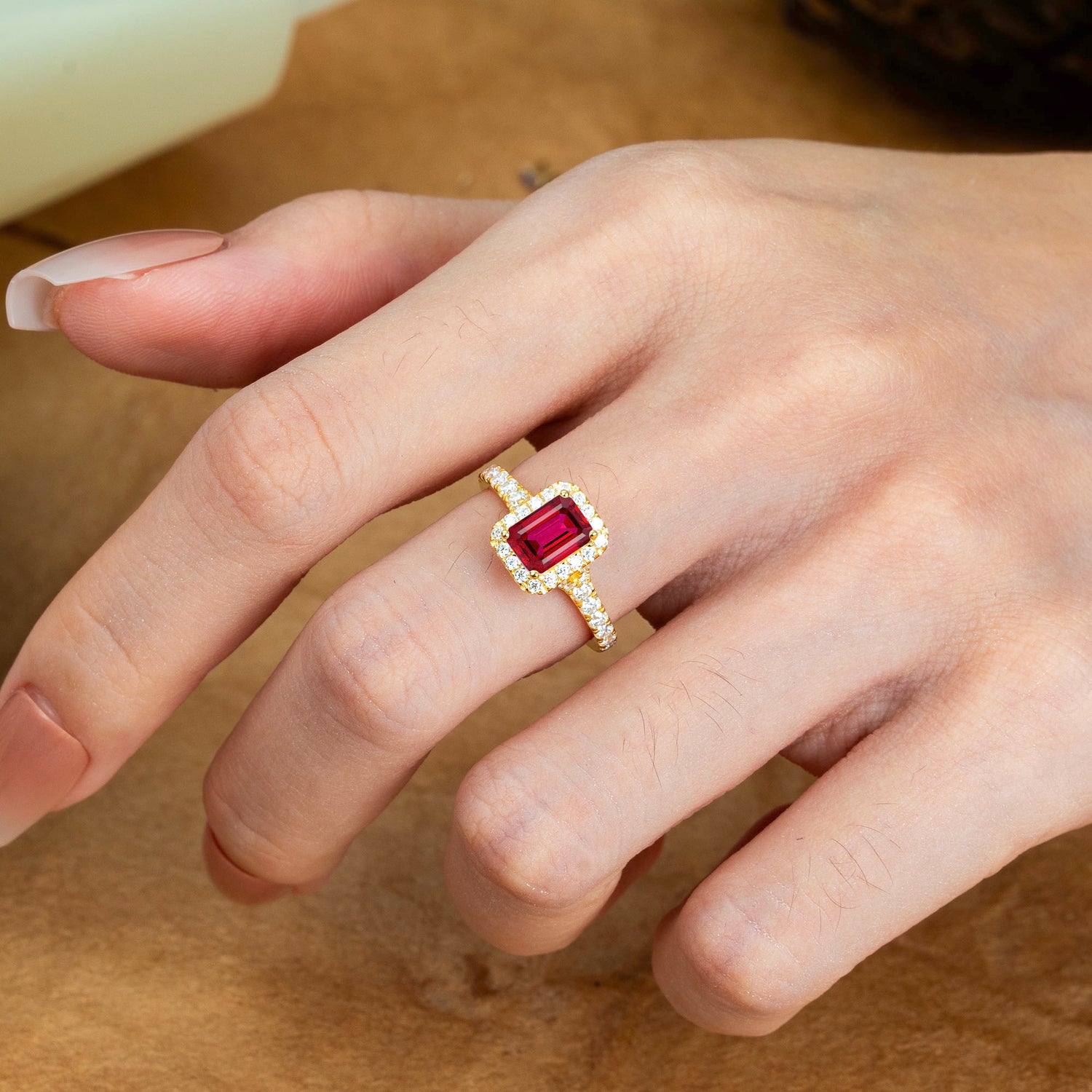 1 Carat Emerald Cut 4-Prong Ruby Classic Halo Engagement Ring