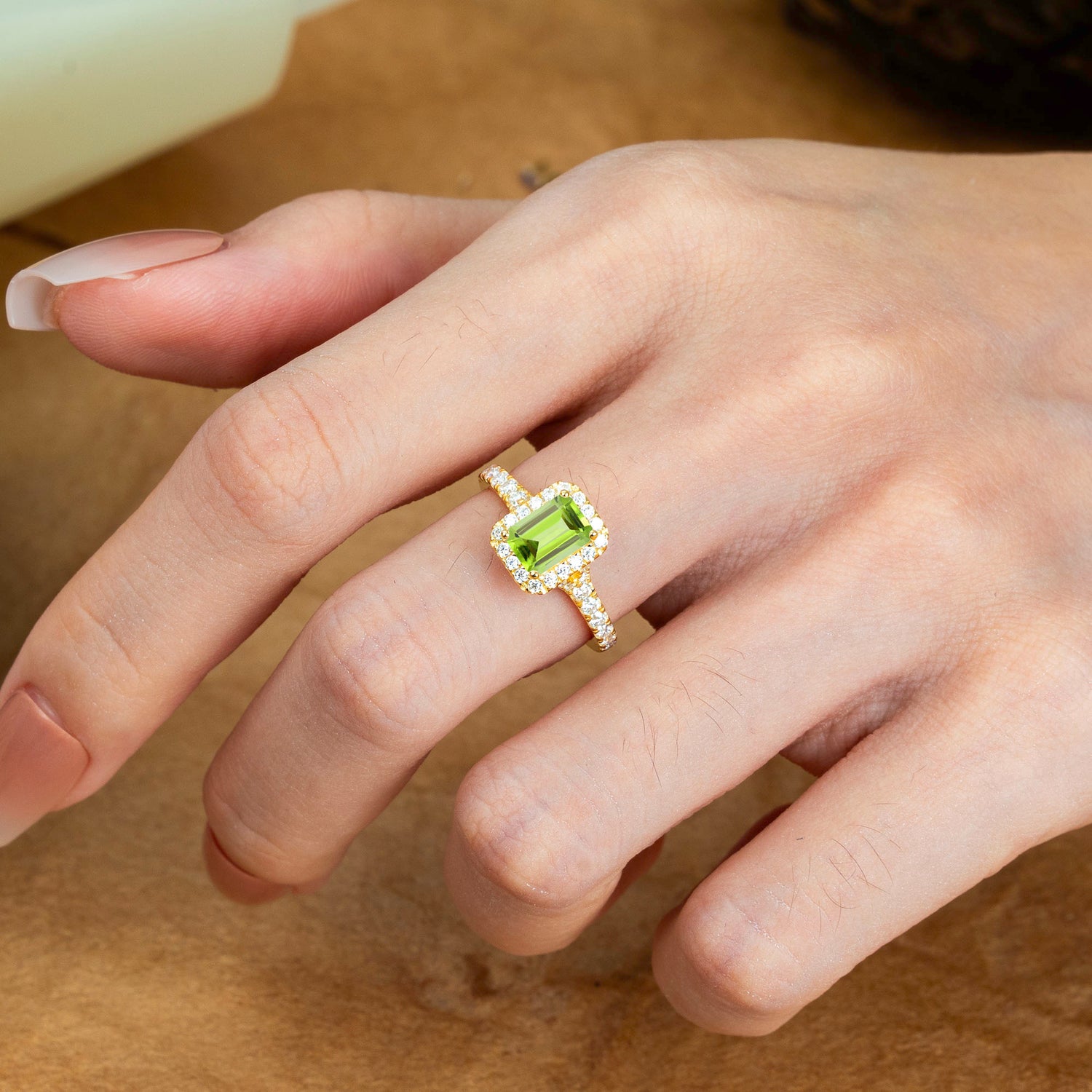 1 Carat Emerald Cut Classic Halo Peridot Engagement Ring