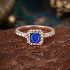 4 Prong Princess Cut Sapphire Engagement Ring Halo Half Eternity Pave Band