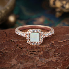 Princess Cut Opal Engagement Ring Halo Half Eternity Pave Band