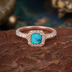 Princess Cut Turquoise Engagement Ring Halo Half Eternity Pave Band