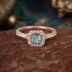 Princess Cut Moss Agate Engagement Ring Halo Half Eternity Pave Band