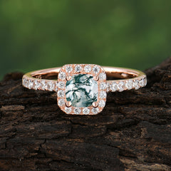 Princess Cut Moss Agate Engagement Ring Halo Half Eternity Pave Band