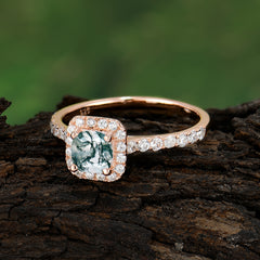 Princess Cut Moss Agate Engagement Ring Halo Half Eternity Pave Band