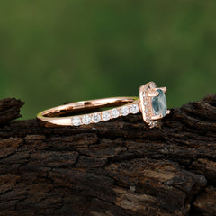 Princess Cut Moss Agate Engagement Ring Halo Half Eternity Pave Band