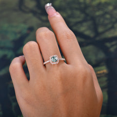Princess Cut Moss Agate Engagement Ring Halo Half Eternity Pave Band