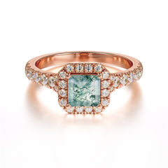 Princess Cut Moss Agate Engagement Ring Halo Half Eternity Pave Band