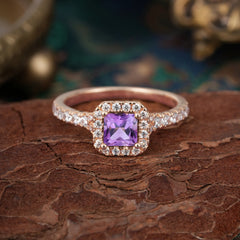 Princess Cut Amethyst Engagement Ring Halo Half Eternity Pave Band