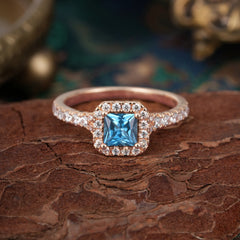 Princess Cut Aquamarine Engagement Ring Halo Half Eternity Pave Band