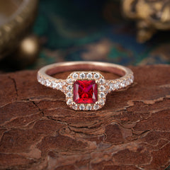 Princess Cut Ruby Engagement Ring Halo Half Eternity Pave Band