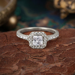 Princess Cut Moissanite Engagement Ring Halo Half Eternity Pave Band