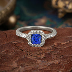 4 Prong Princess Cut Sapphire Engagement Ring Halo Half Eternity Pave Band
