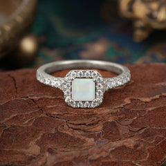 Princess Cut Opal Engagement Ring Halo Half Eternity Pave Band