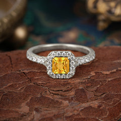 Princess Cut Citrine Engagement Ring Halo Half Eternity Pave Band